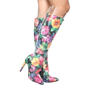 Lemon Drop by Privileged Thigh High Heel Floral Fashion Rain Boots